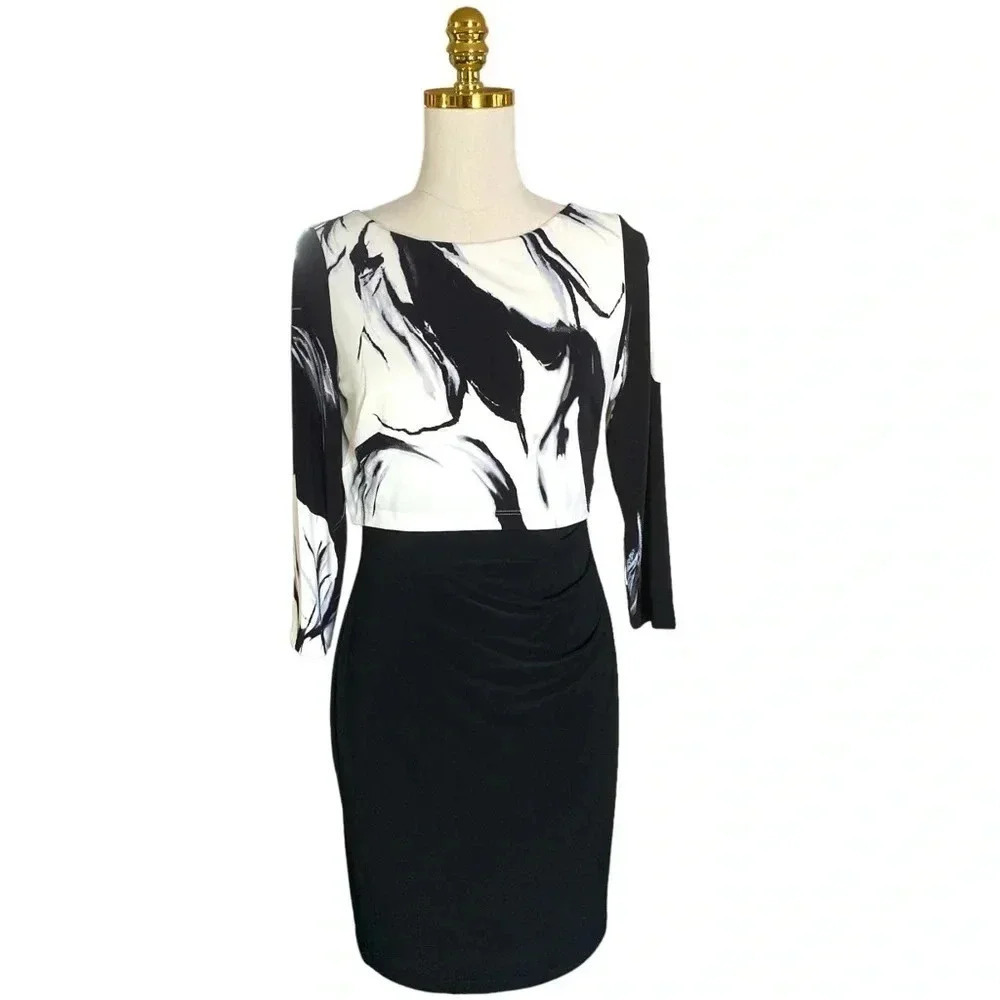 RALPH LAUREN Women’s Black White Floral Top 3/4 Sleeve Office Siren Dress Sz 6P